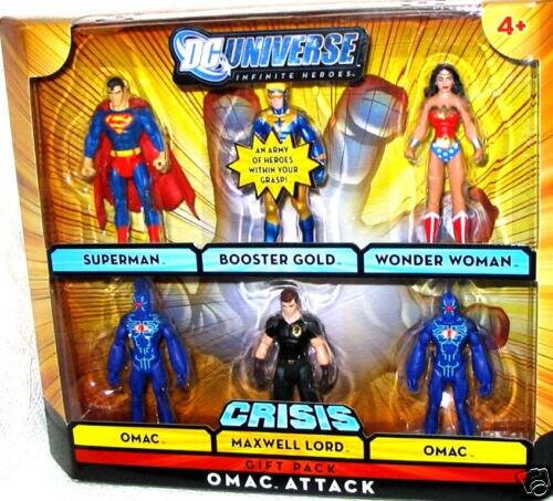 DC Universe Infinite Heroes  
4+ An Army of Heroes Within Your Grasp!  

Superman  
Booster Gold  
Wonder Woman  

Crisis  
OMAC  
Maxwell Lord  
OMAC Gift Pack  
OMAC Attack