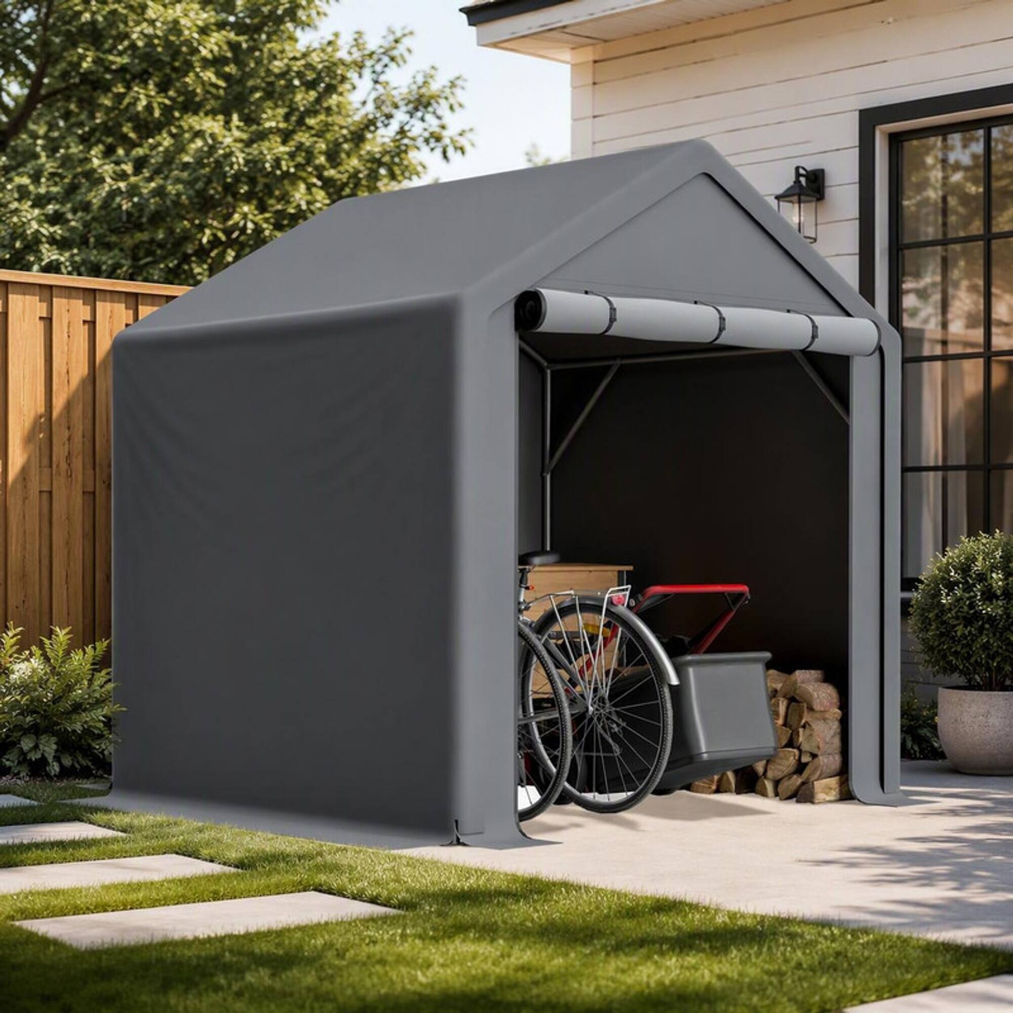 Left. RYHNUYNE - 6x6 ft Weatherproof Storage Tent Steel Frame UV Water Resistant Quick-Assembly - Grey.