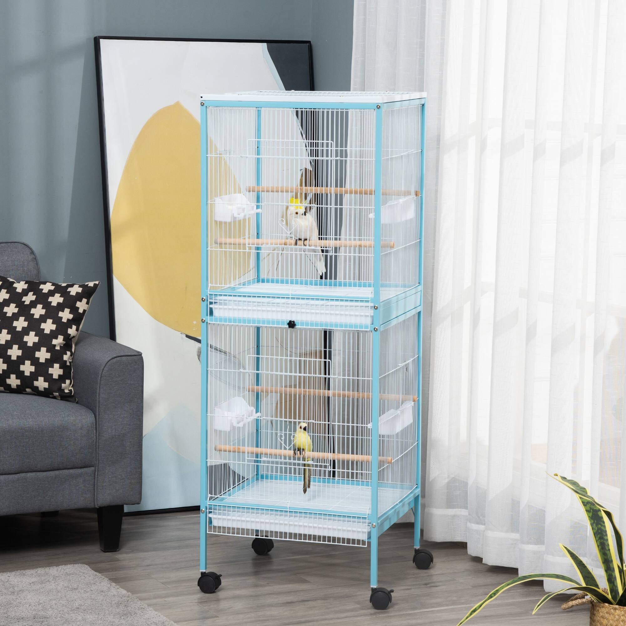 Angle. Pawhut - Large Bird Cage with 1.7 ft. Width for Wingspan, Bird Aviary Indoor with Multi-Door Design, Fit for Canary, Conure.