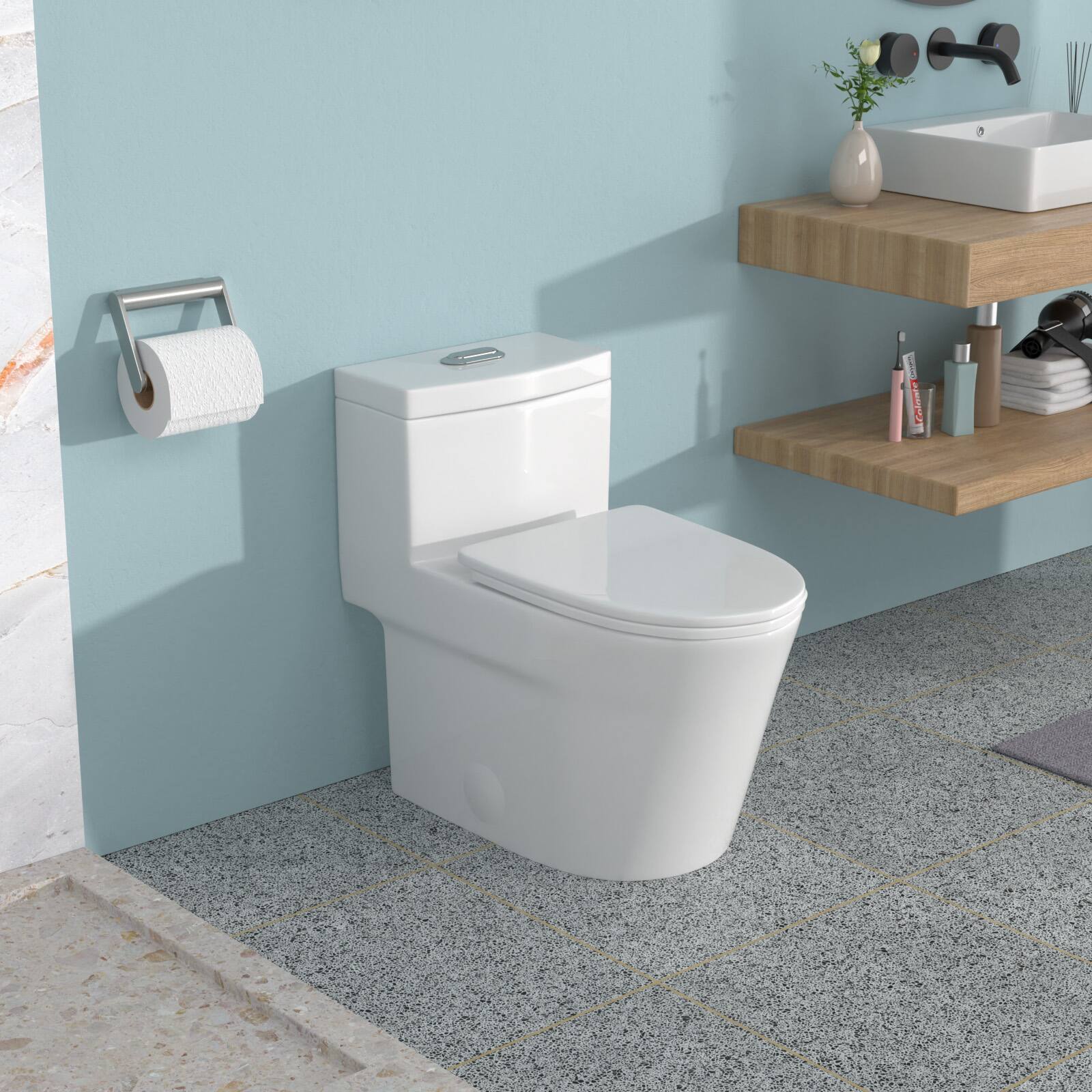 Back. TinyHomie - Ceramic One Piece Toilet for Bathroom 12 inch Rough In 124143 GPF Dual Flush with Soft Closing Seat Powerful Dual - White.