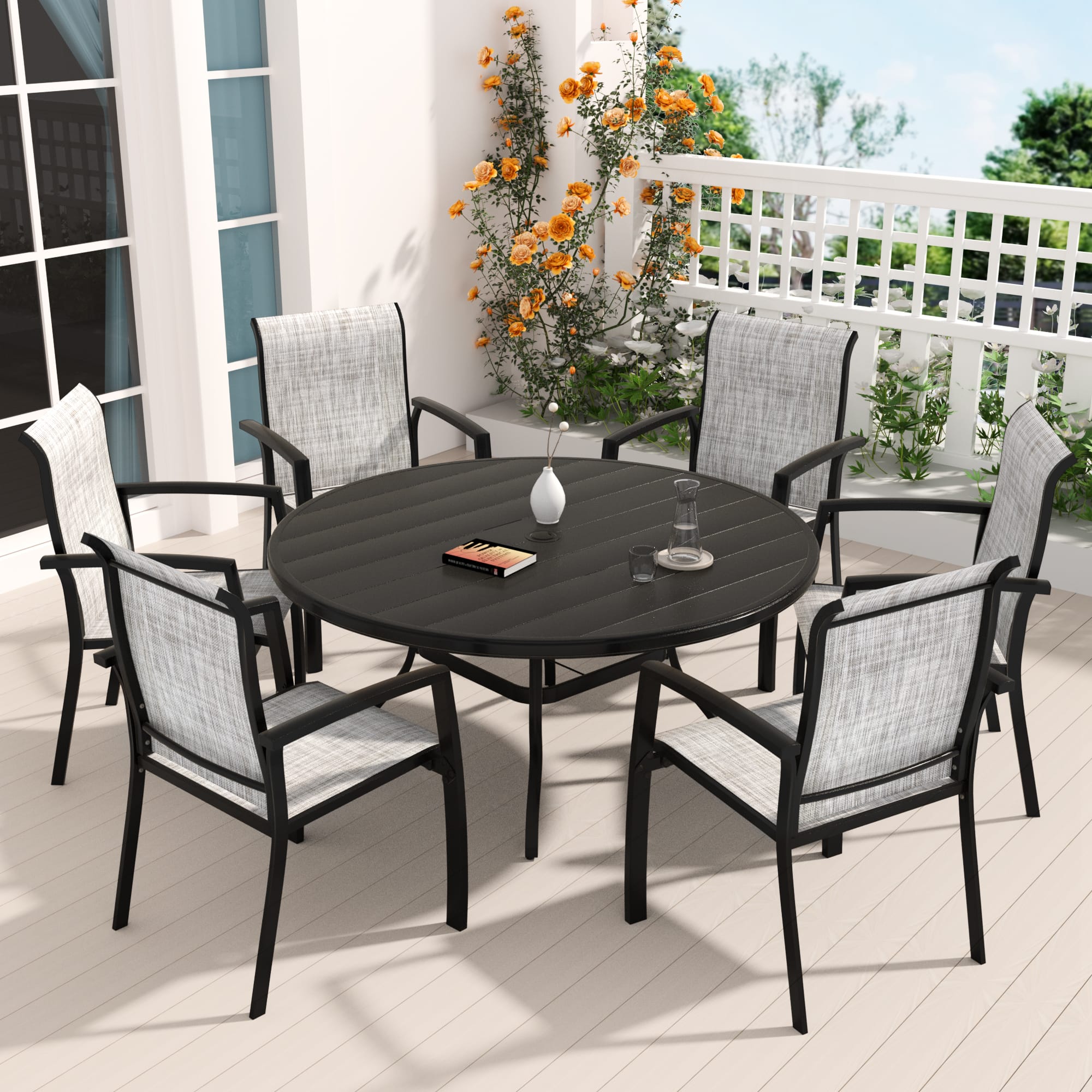 Mondawe - 7 Pieces Patio Dining Set, Set of 6 Patio Stackable Dining Chairs and 52.95" Outdoor Metal Round Table - Black+ Gray