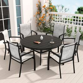 Mondawe - 7 Pieces Patio Dining Set, Set of 6 Patio Stackable Dining Chairs and 52.95" Outdoor Metal Round Table - Black+ Gray