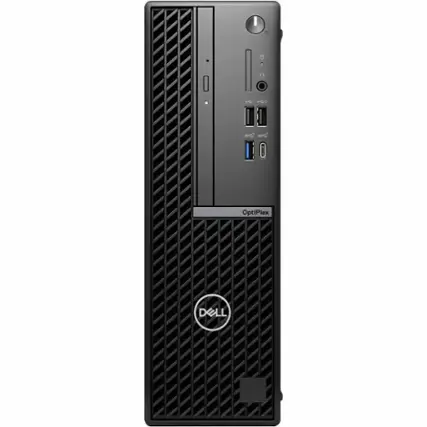 The image features a Dell computer tower, which is a black and grey desktop computer. The computer has a large screen and is equipped with multiple ports, including two USB ports and a headphone jack. The tower is designed with a unique pattern, giving it a distinctive appearance. The Dell logo is prominently displayed on the front of the computer.