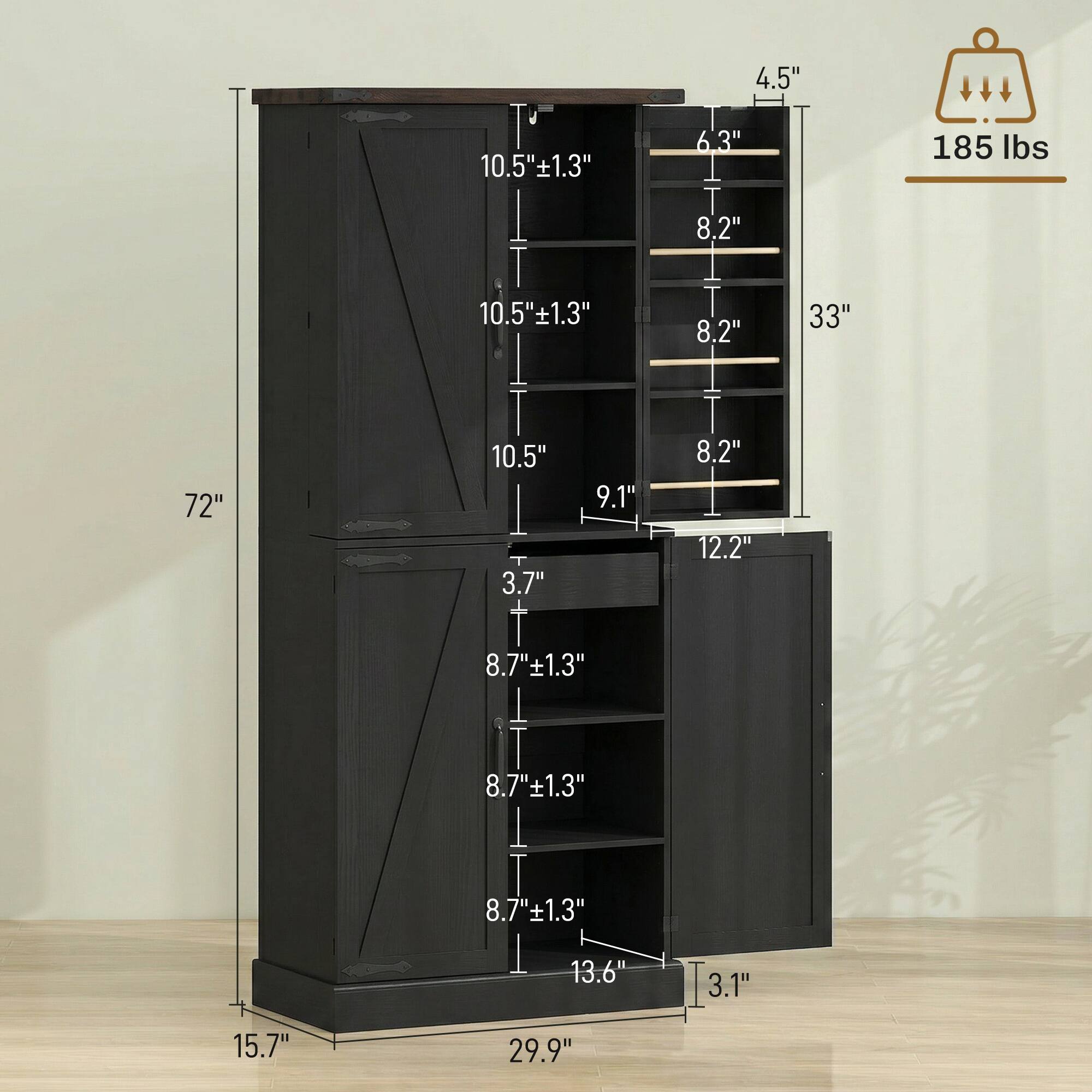 T 10.5" x 1.3" x 4.5" x 6.3" x 185 lbs  
T 10.5" x 1.3" x 8.2" x 8.2" x 33" x 72" x 10.5" x 3.7" x 9.1" x 8.2" x 12.2" x 8.7" x 1.3" x 8.7" +1.3" x 8.7" x 1.3" x 13.6" x 3.1" x 15.7" x 29.9"