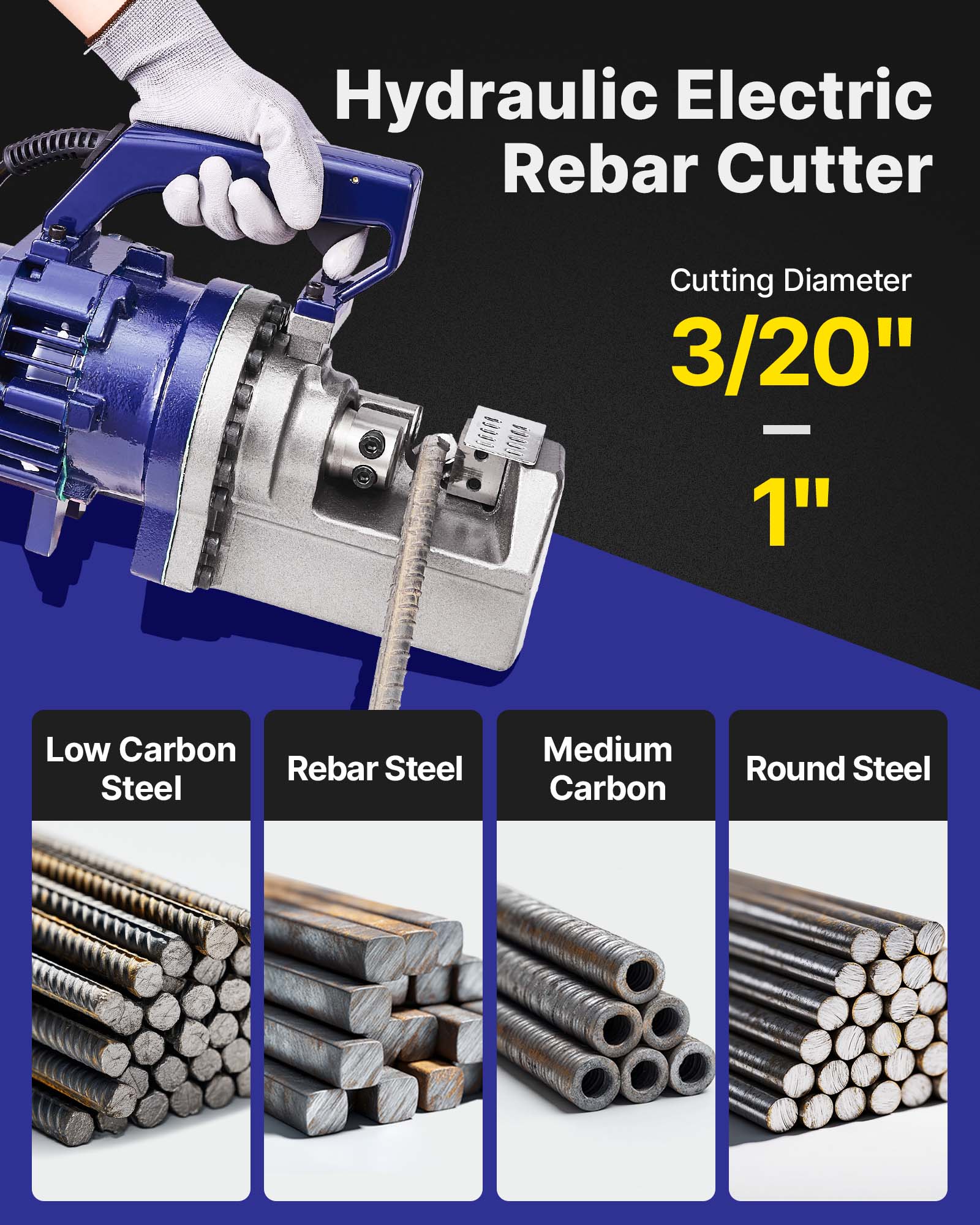 Hydraulic Electric Rebar Cutter  
Cutting Diameter: 3/20" - 1"  
Low Carbon Steel  
Rebar Steel  
Medium Carbon  
Round Steel