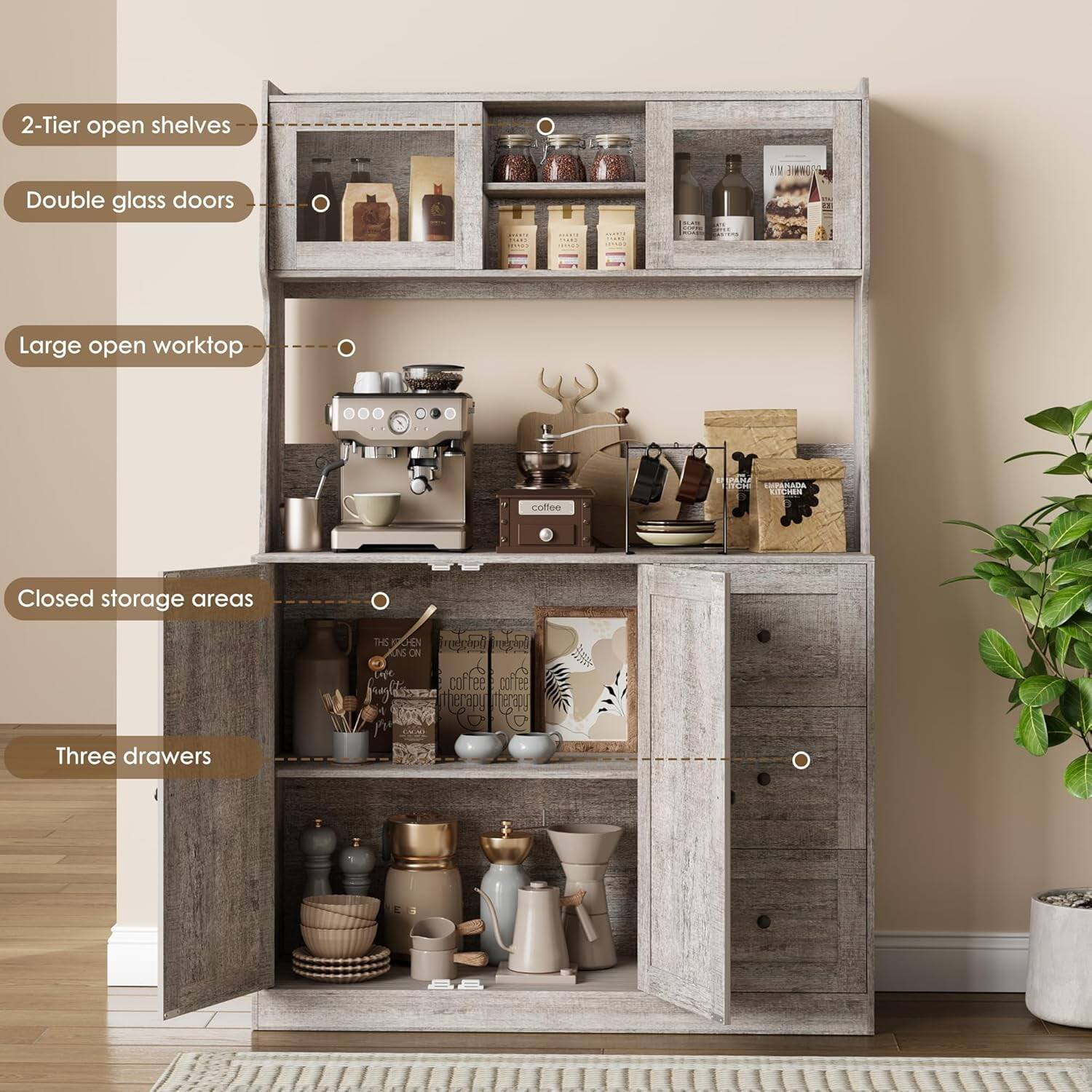 2-Tier open shelves  
Double glass doors  
Large open worktop  
Closed storage areas  
Three drawers