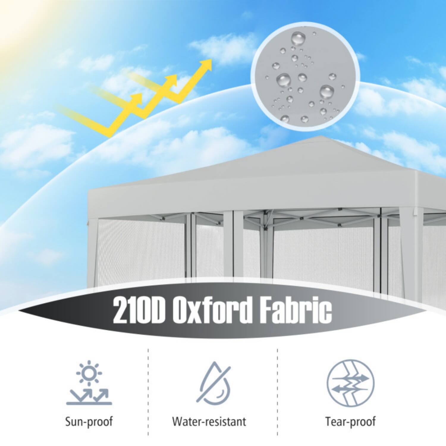 210D Oxford Fabric  
Sun-proof, Water-resistant, Tear-proof