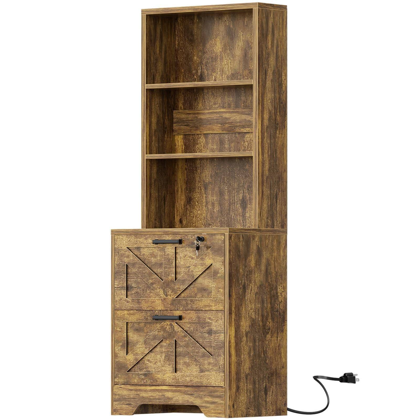 Left. Aheaplus - 2-Drawer Tall Vertical File Cabinet with Open Shelves and Built-In Lock - Farmhouse Style Storage for Home Office - Rustic Brown.