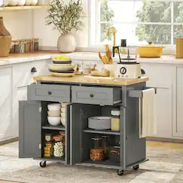 Kadyn - Kitchen Island with Rubberwood Top, Drawers, Spice Rack, and Towel Bar - Gray