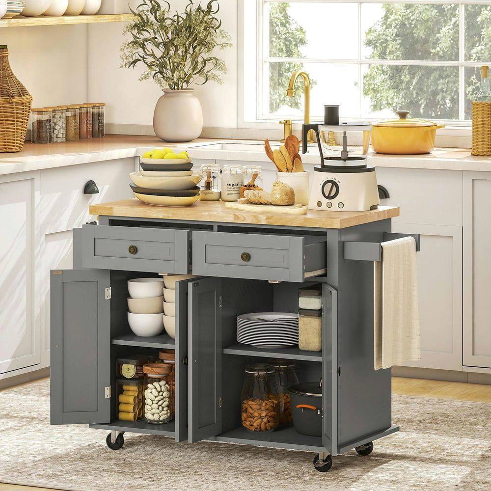 Front. Kadyn - Kitchen Island with Rubberwood Top, Drawers, Spice Rack, and Towel Bar, Gray - Gray.
