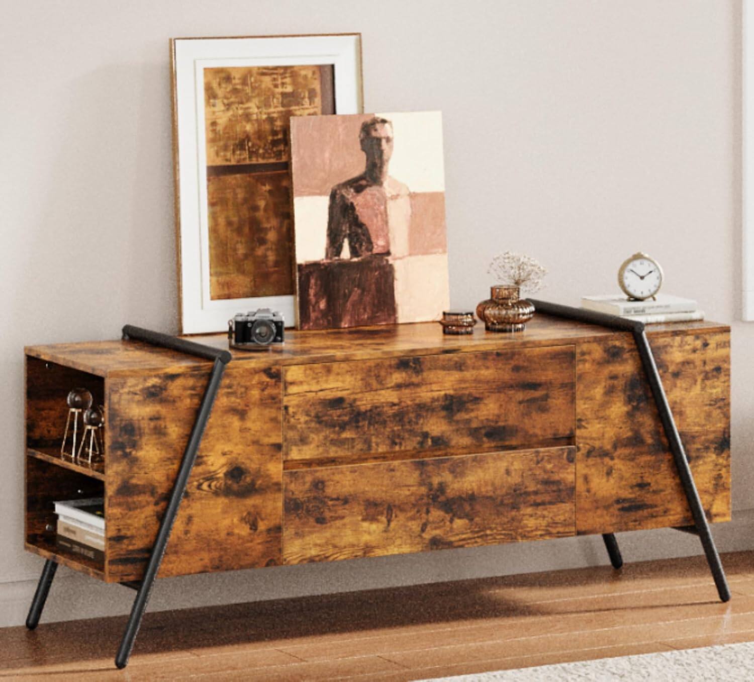 Alt View 3. Homhougo - 55" Modern Farmhouse TV Stand, Entertainment Center with 2 Drawers, Adjustable Shelves, U-Shaped Metal Legs - Retro Brown.