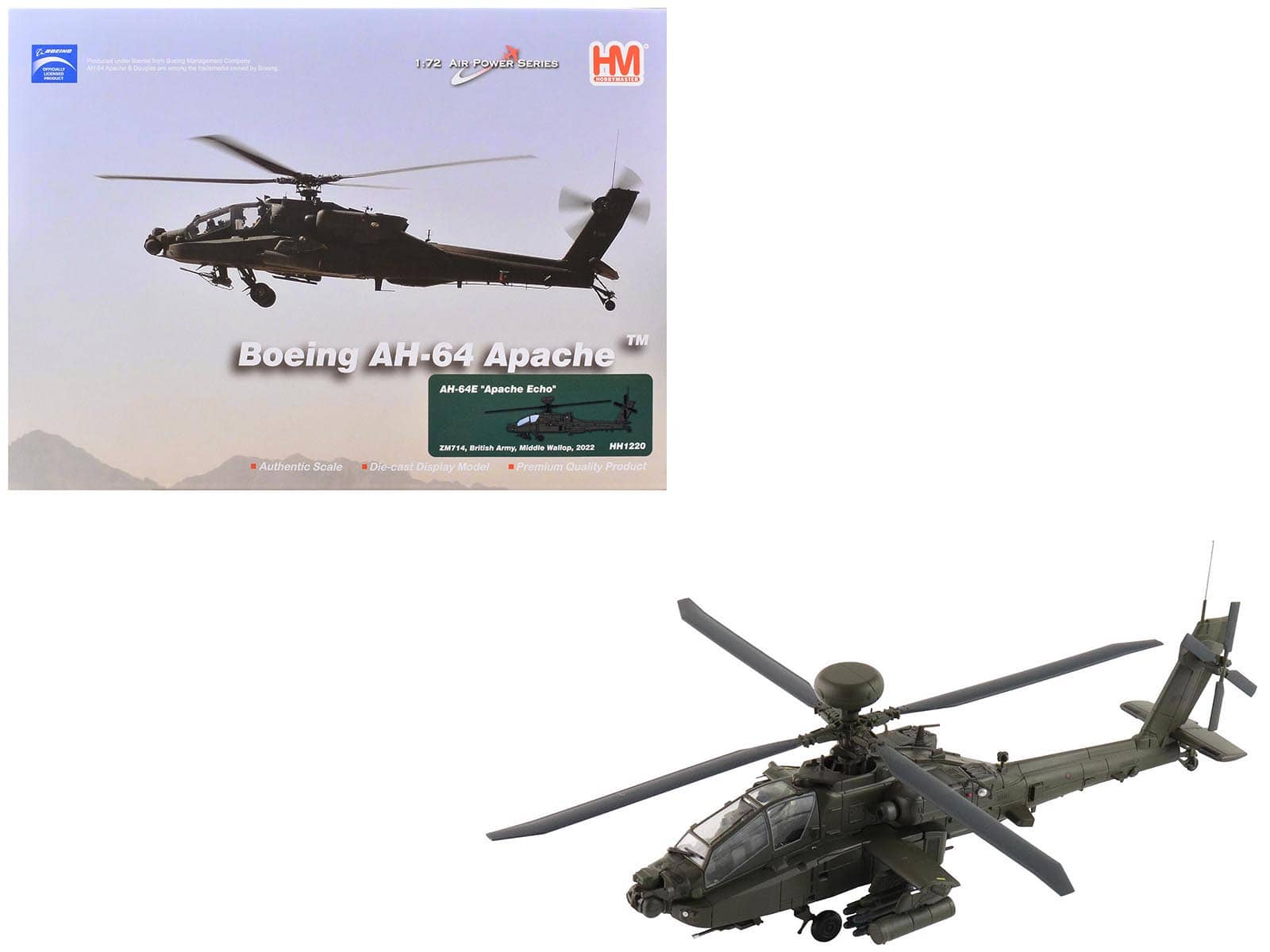 Hobby Master - Boeing AH-64E Apache Echo Attack Helicopter "ZM714 Middle Wallop" (2022) British Army "Air Power Series" 1/72 - Black