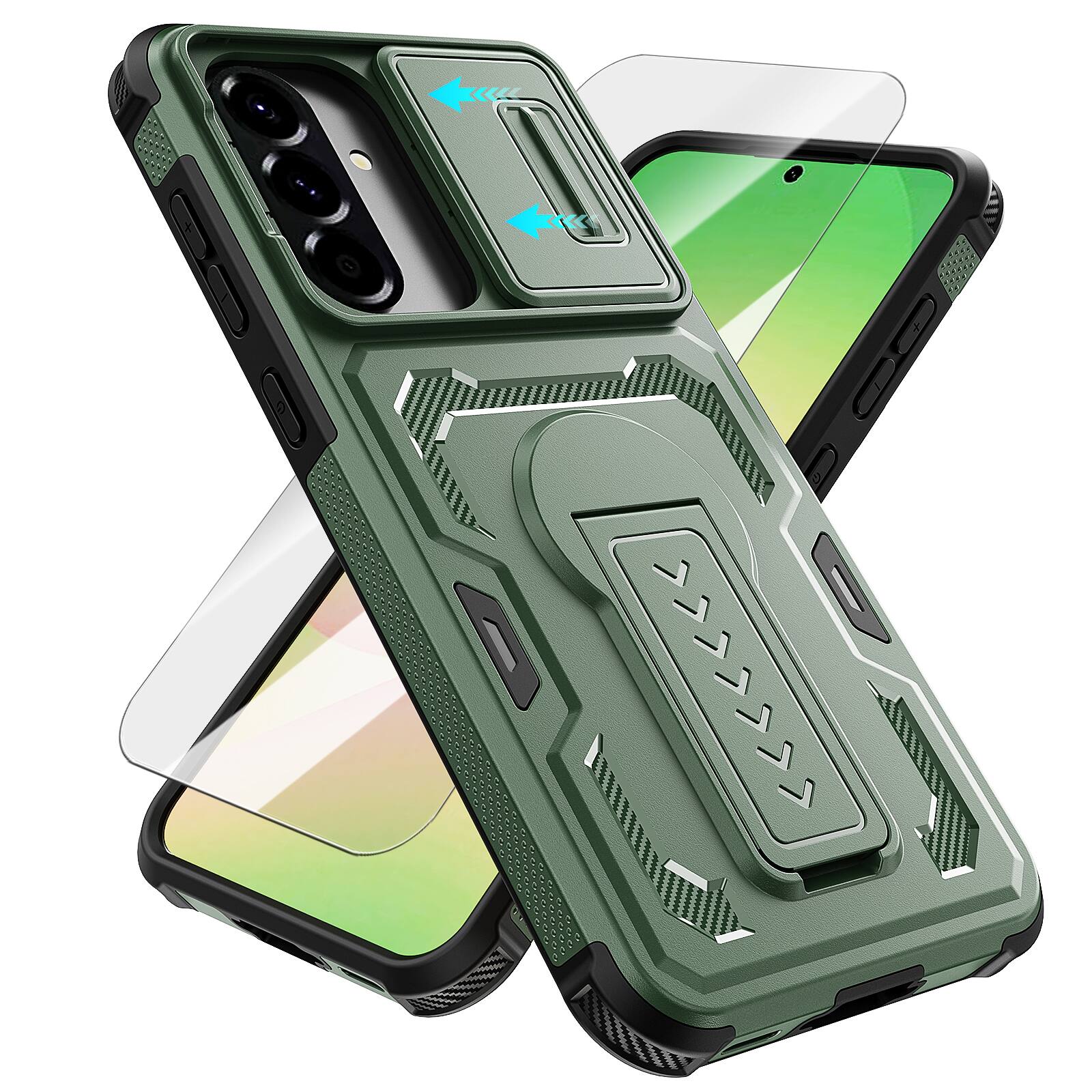 Front. Dteck - Rugged Stand Case for Samsung Galaxy A37 5G/A56 5G/A36 5G,Shockproof Heavy Duty Cover+Sliding Lens Cover+Tempered Glass - Green.