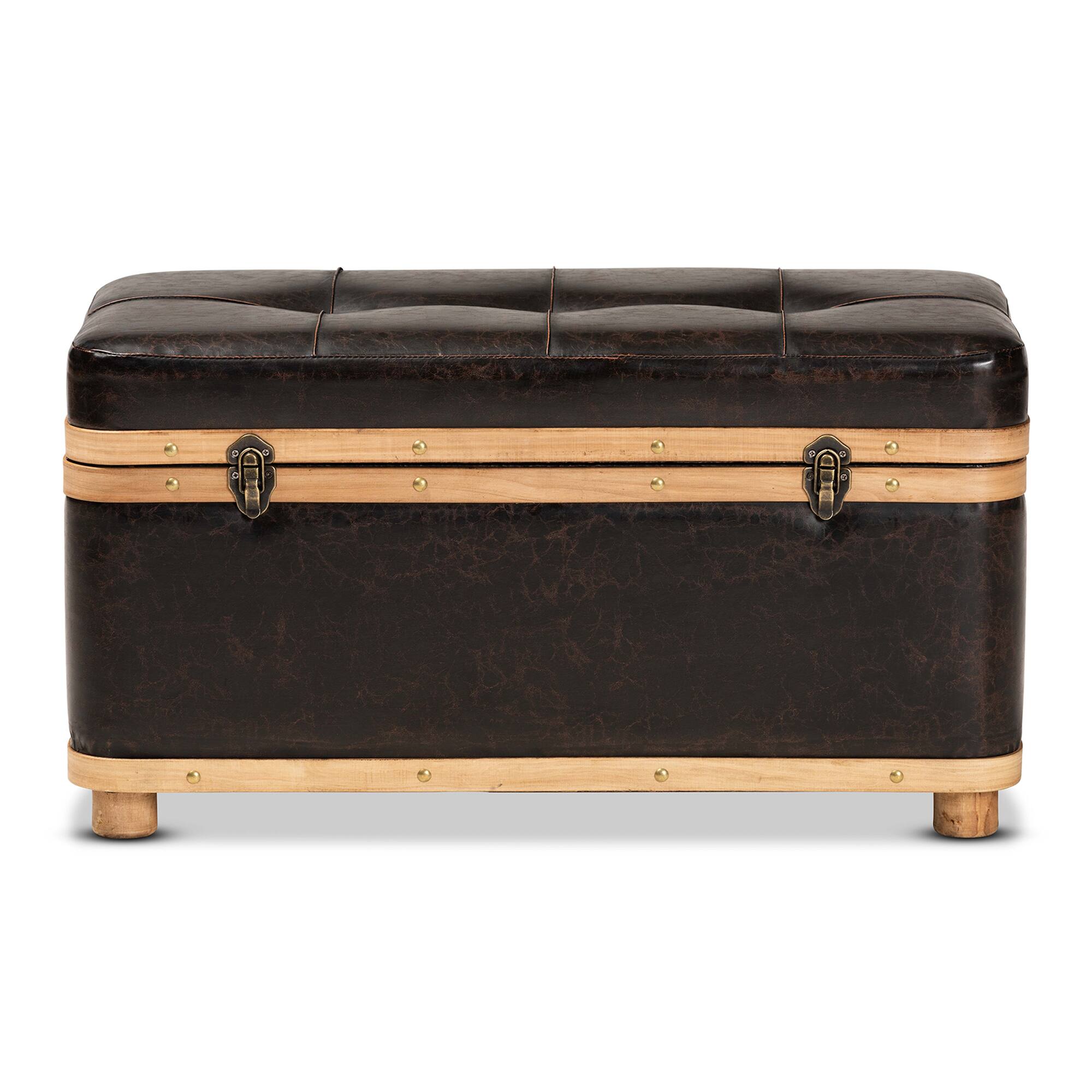 Left. Baxton Studio - Gendry Modern Rustic Transitional Faux Leather Upholstered and Oak Brown Finished Wood Large Storage Ottoman - Dark Brown/Oak Brown.