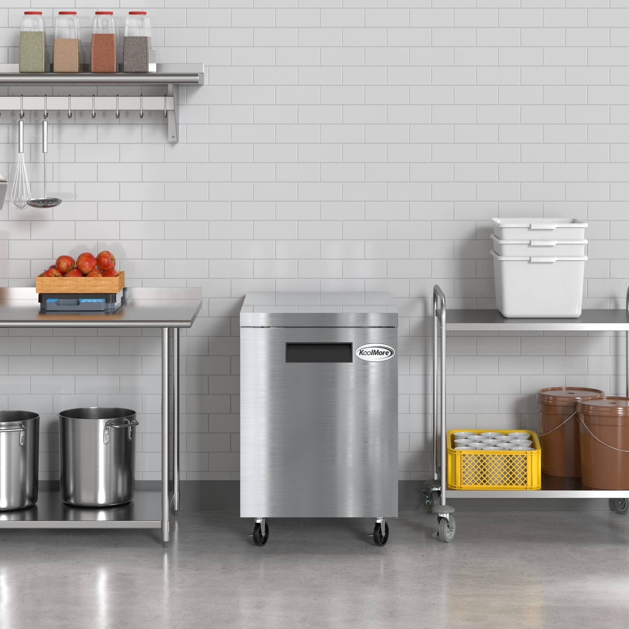 The image shows a kitchen with a stainless steel trash can and a shelf with various items on it. The shelf contains a variety of items, including a bowl, a bottle, a cup, and a spoon. The kitchen also features a sink and a refrigerator. The overall scene gives the impression of a well-equipped and organized kitchen.