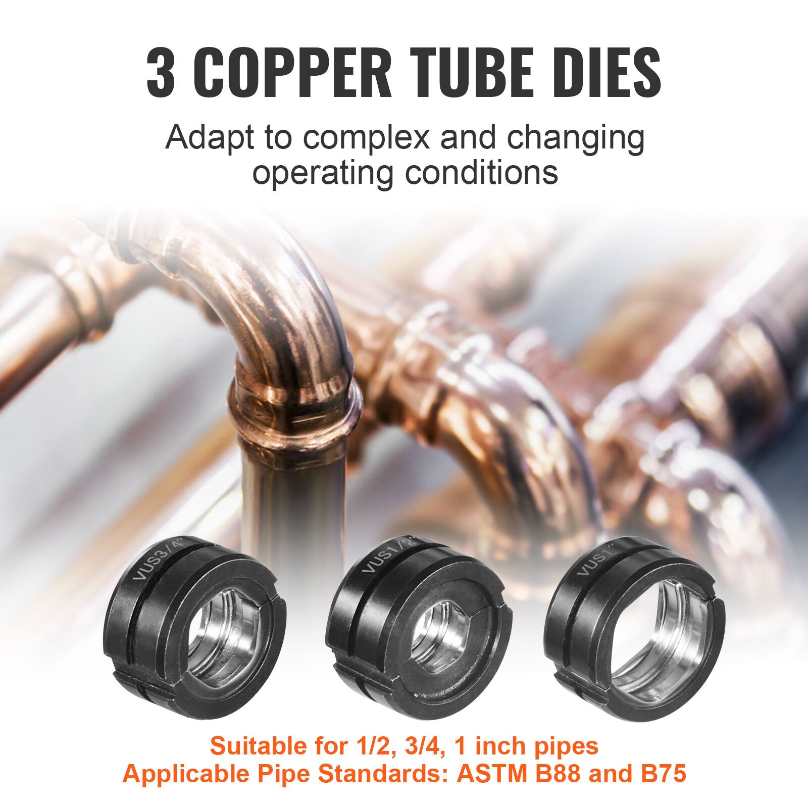 3 COPPER TUBE DIES  
Adapt to complex and changing operating conditions  

Suitable for 1/2, 3/4, 1 inch pipes  
Applicable Pipe Standards: ASTM B88 and B75