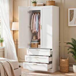 Aheaplus - 71" Tall Armoire Wardrobe with 3 Drawers, Doors, Hanging Rod, 20" Deep Storage with Soft-Close Hinges & Metal Handles - White