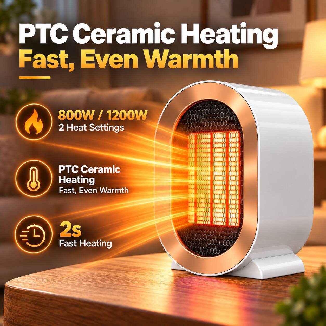 PTC Ceramic Heating Fast, Even Warmth

800W / 1200W 2 Heat Settings

PTC Ceramic Heating Fast, Even Warmth

2s Fast Heating