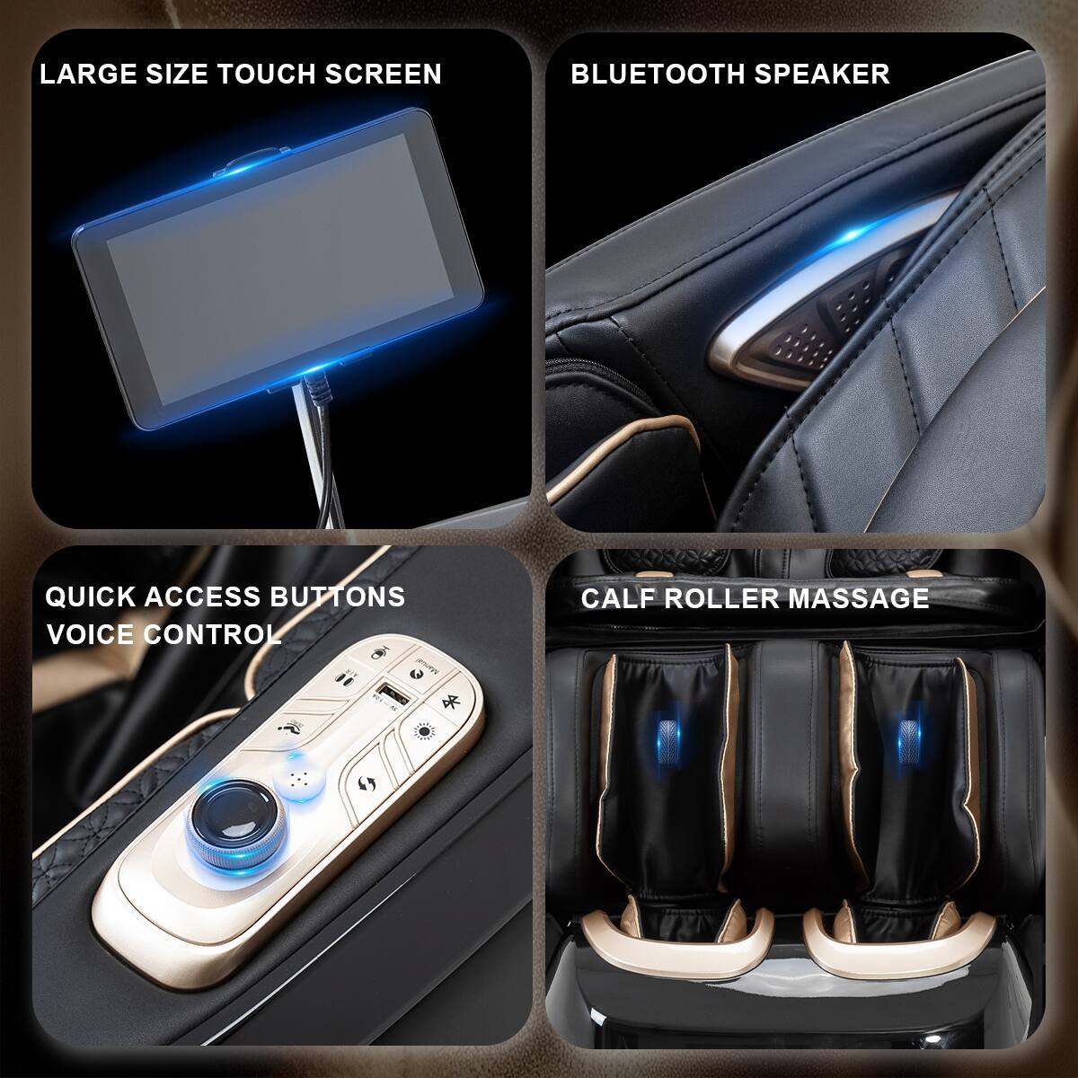 LARGE SIZE TOUCH SCREEN, BLUETOOTH SPEAKER, QUICK ACCESS BUTTONS, VOICE CONTROL, CALF ROLLER MASSAGE