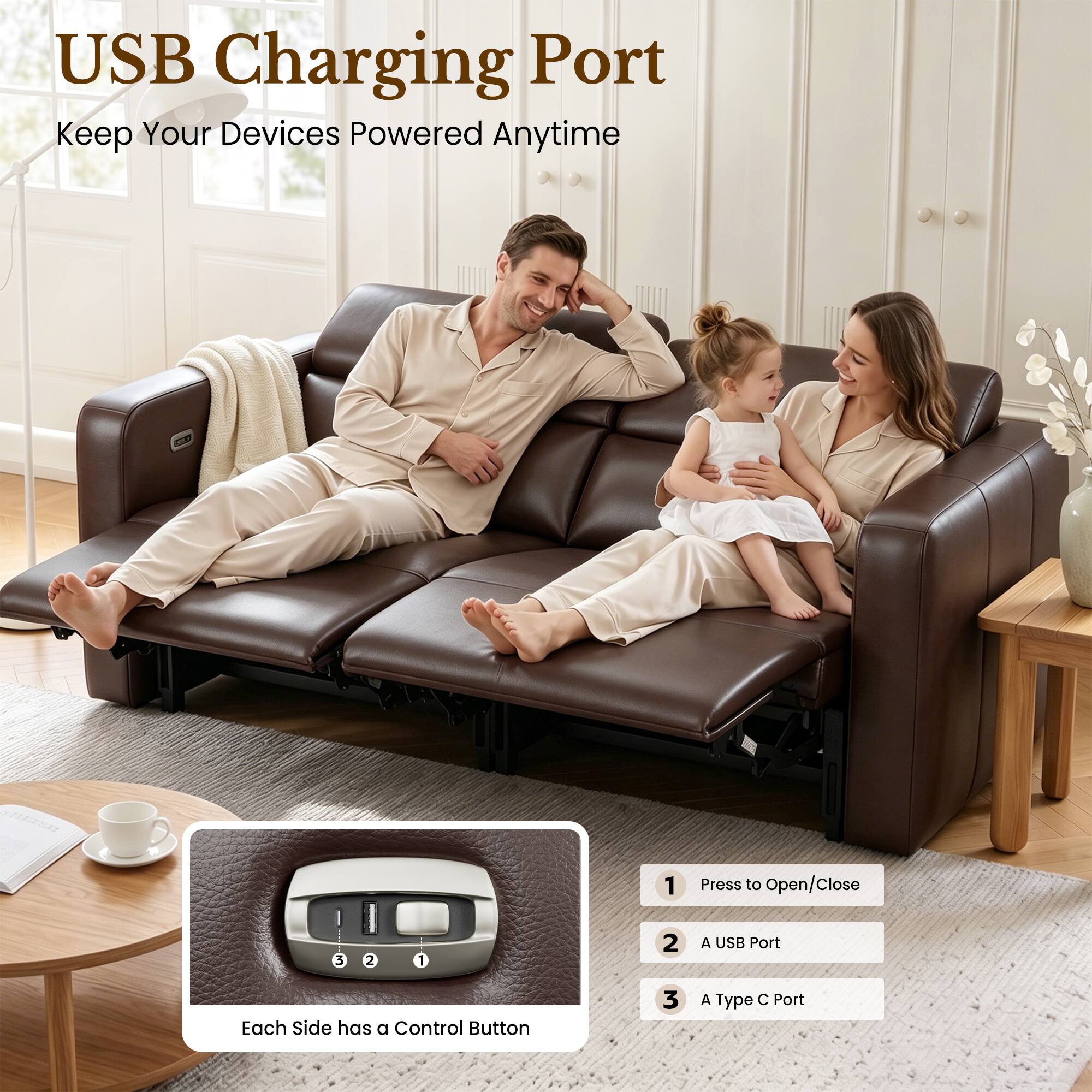 USB Charging Port  
Keep Your Devices Powered Anytime

1. Press to Open/Close
2. A USB Port
3. A Type C Port

Each Side has a Control Button