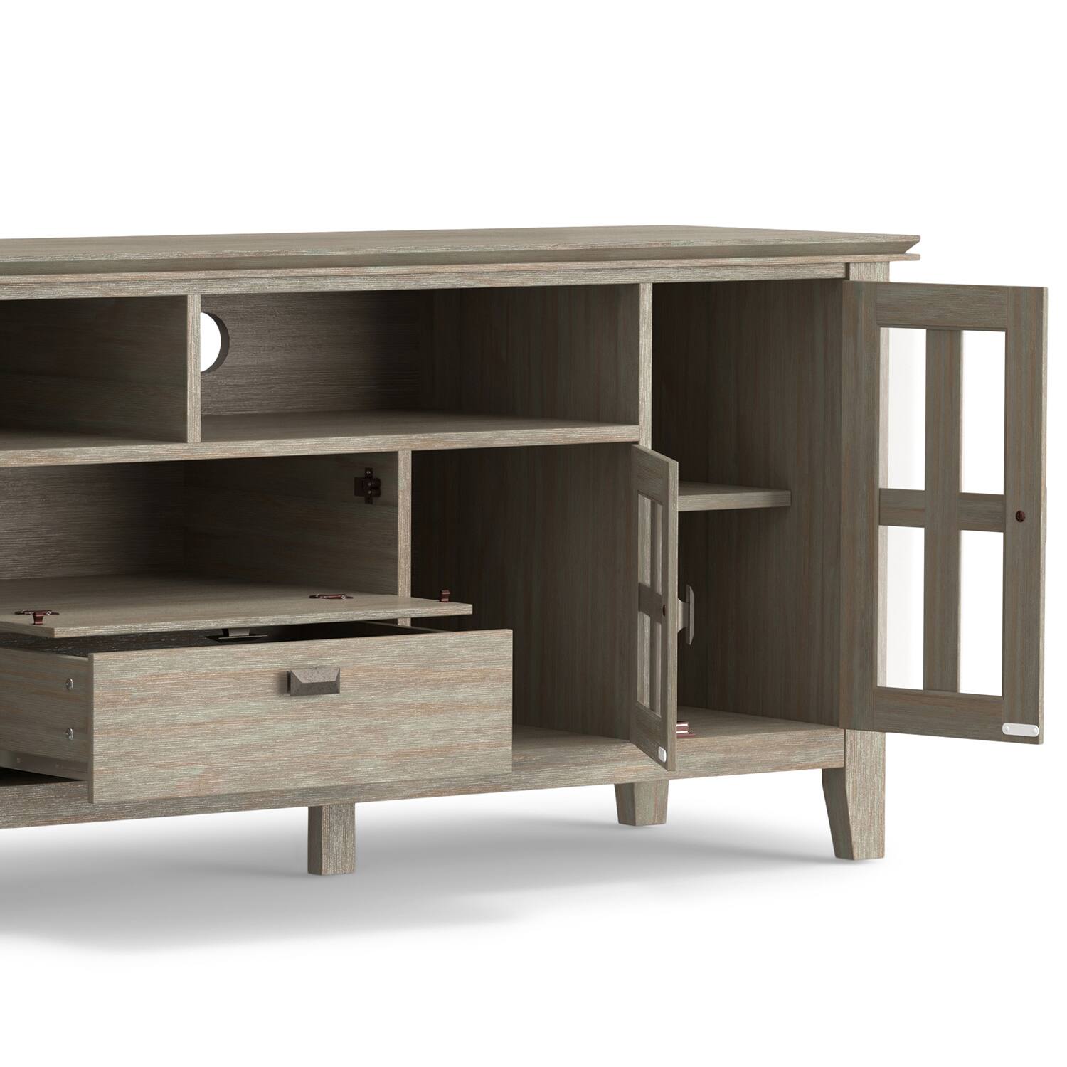 Alt View 4. Simpli Home - Artisan 72W Low TV Stand with Drawers, Glass Doors and Cubbies - Distressed Gray.