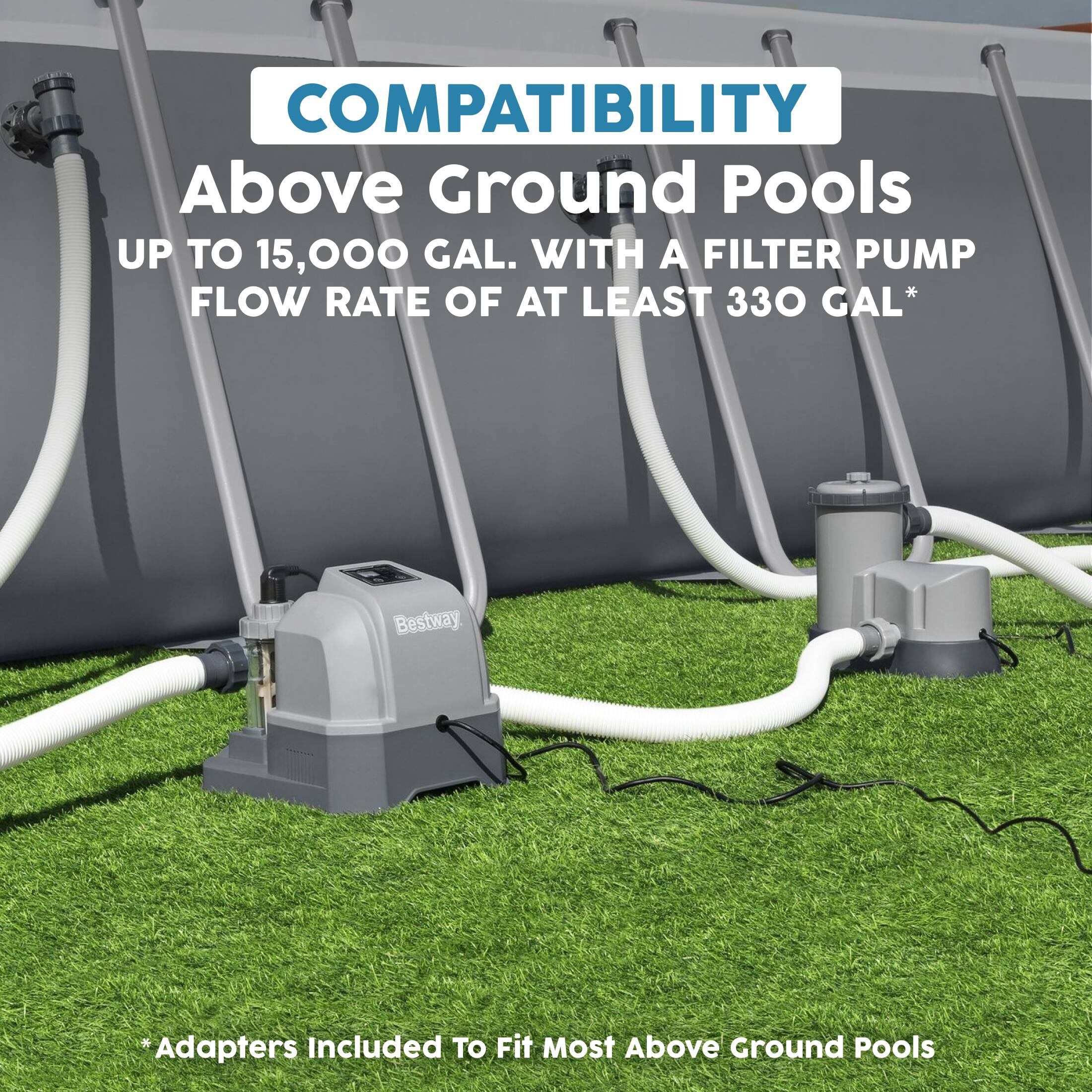 COMPATIBILITY  
Above Ground Pools  
UP TO 15,000 GAL. WITH A FILTER PUMP FLOW RATE OF AT LEAST 330 GAL*  

*Adapters Included TO Fit Most Above Ground Pools