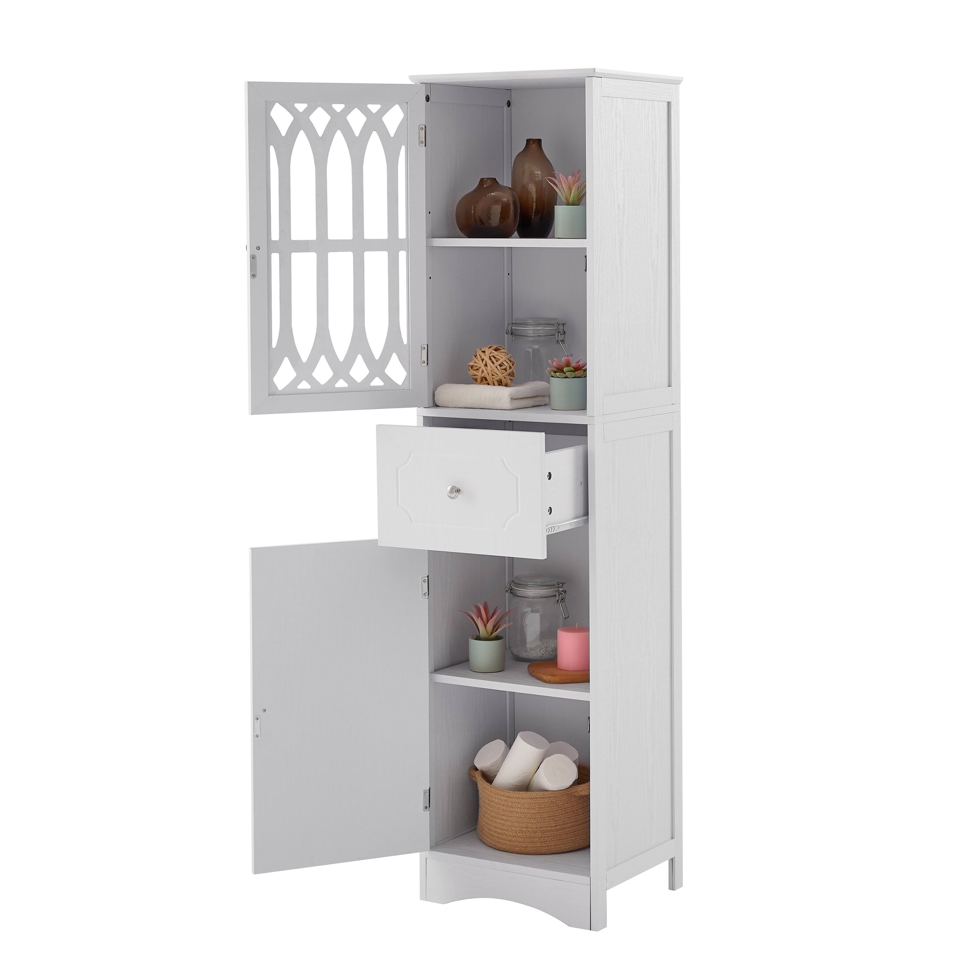 Front. Ecooso - Tall Freestanding Bathroom Cabinet with Drawer, Doors, MDF Board, Acrylic Door, Adjustable Shelf - White.