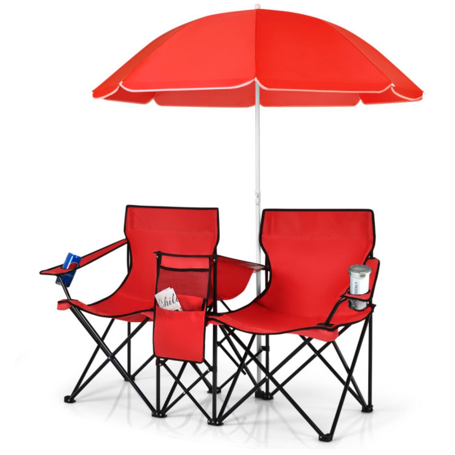 Alt View 5. Mondawe - Folding Double Camping Chair w Adjustable Removable Umbrella & Cooler Bag 2-Seat Portable 270 lbs - Red.