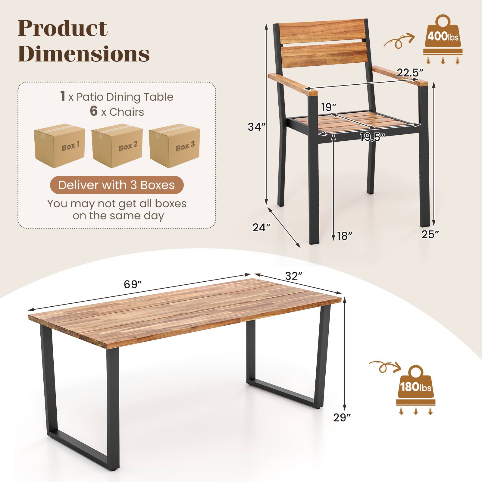 Product Dimensions

1 x Patio Dining Table  
6 x Chairs

Deliver with 3 Boxes  
You may not get all boxes on the same day

- Table: 69" x 32" x 29"  
- Weight: 180 lbs

- Chair: 34" x 24" x 25"  
- Seat: 19" x 19.5"  
- Back: 22.5"  
- Weight: 400 lbs
