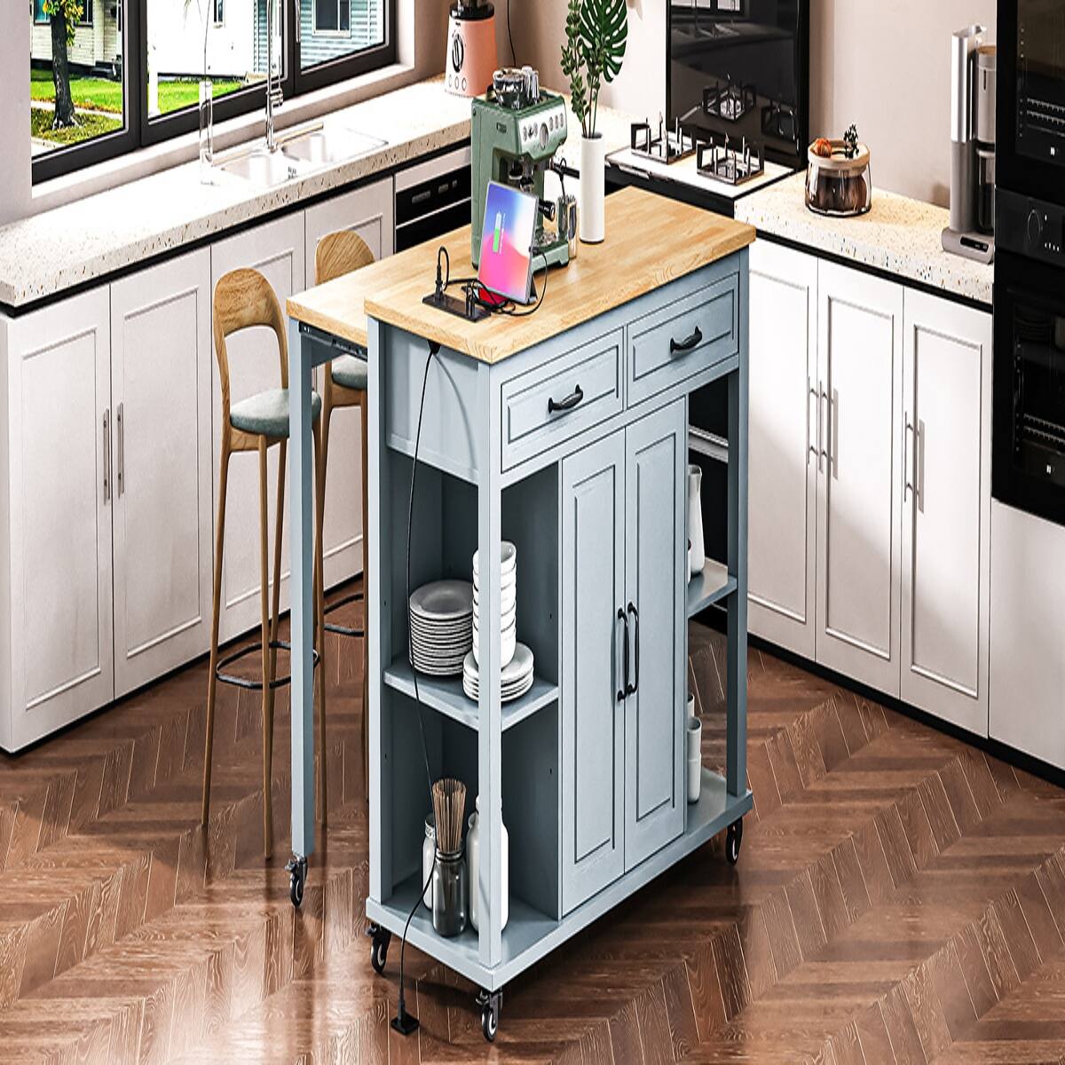 Left. Loheer - 47.2" Kitchen Island with Extendable Dining Table, Rolling Kitchen Island with Storage - Grey Blue.