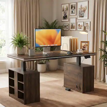 Front. Famapy - Electric Height Adjustable Desk with RGB Light & Dual Storage –Swappable Cabinets,2AC+3USB Outlet,Sit Stand Workstation - Walnut.