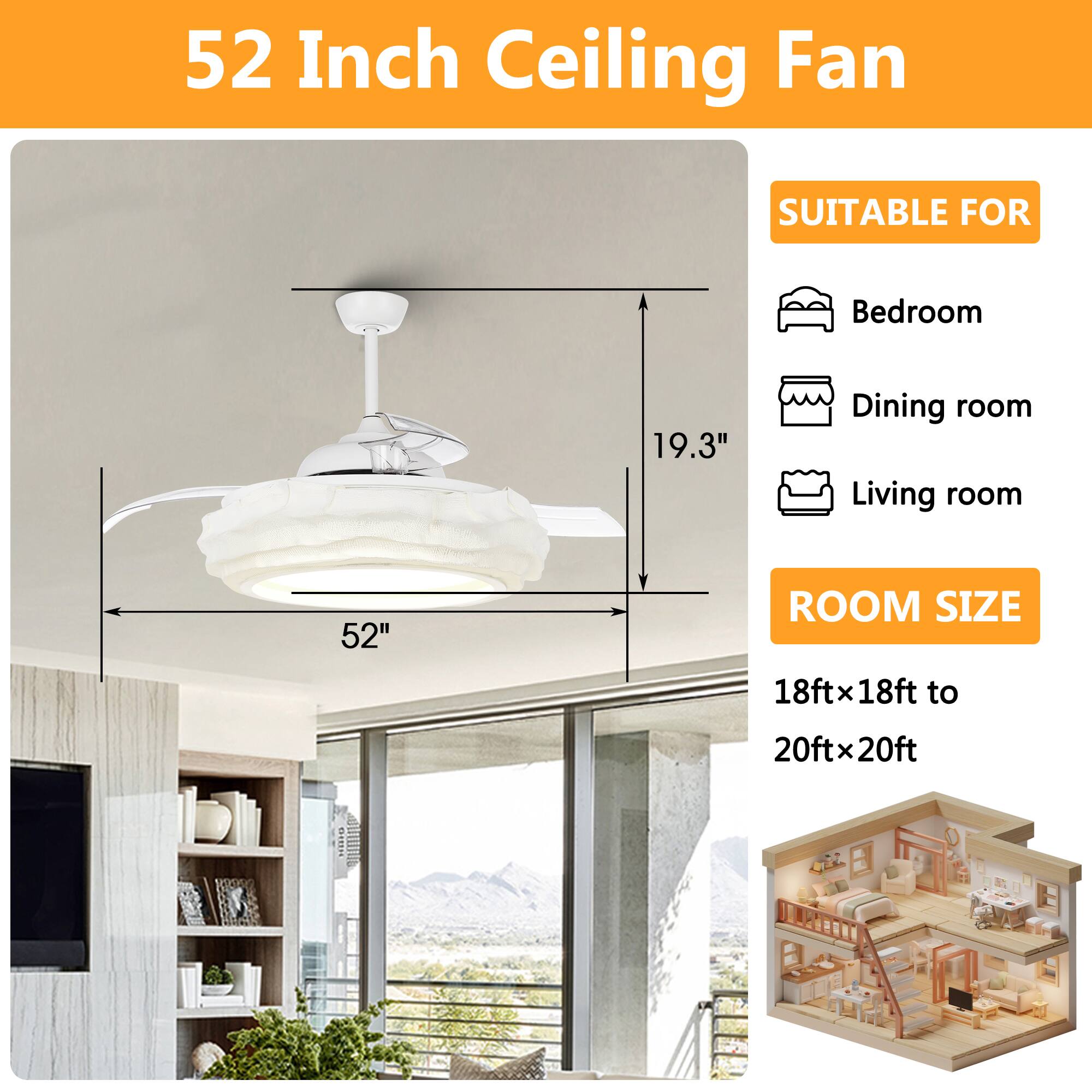 52 Inch Ceiling Fan

SUITABLE FOR
- Bedroom
- Dining room
- Living room

ROOM SIZE
18ft x 18ft to 20ft x 20ft