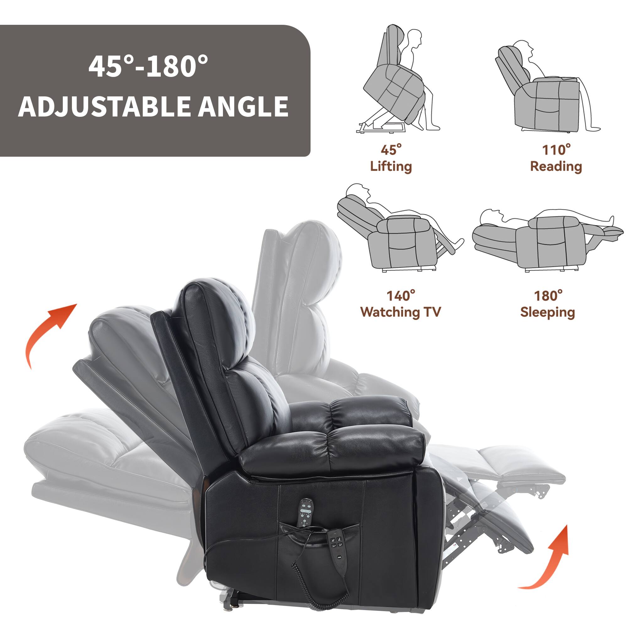 45°-180° Adjustable Angle

45° Lifting  
110° Reading  
140° Watching TV  
180° Sleeping