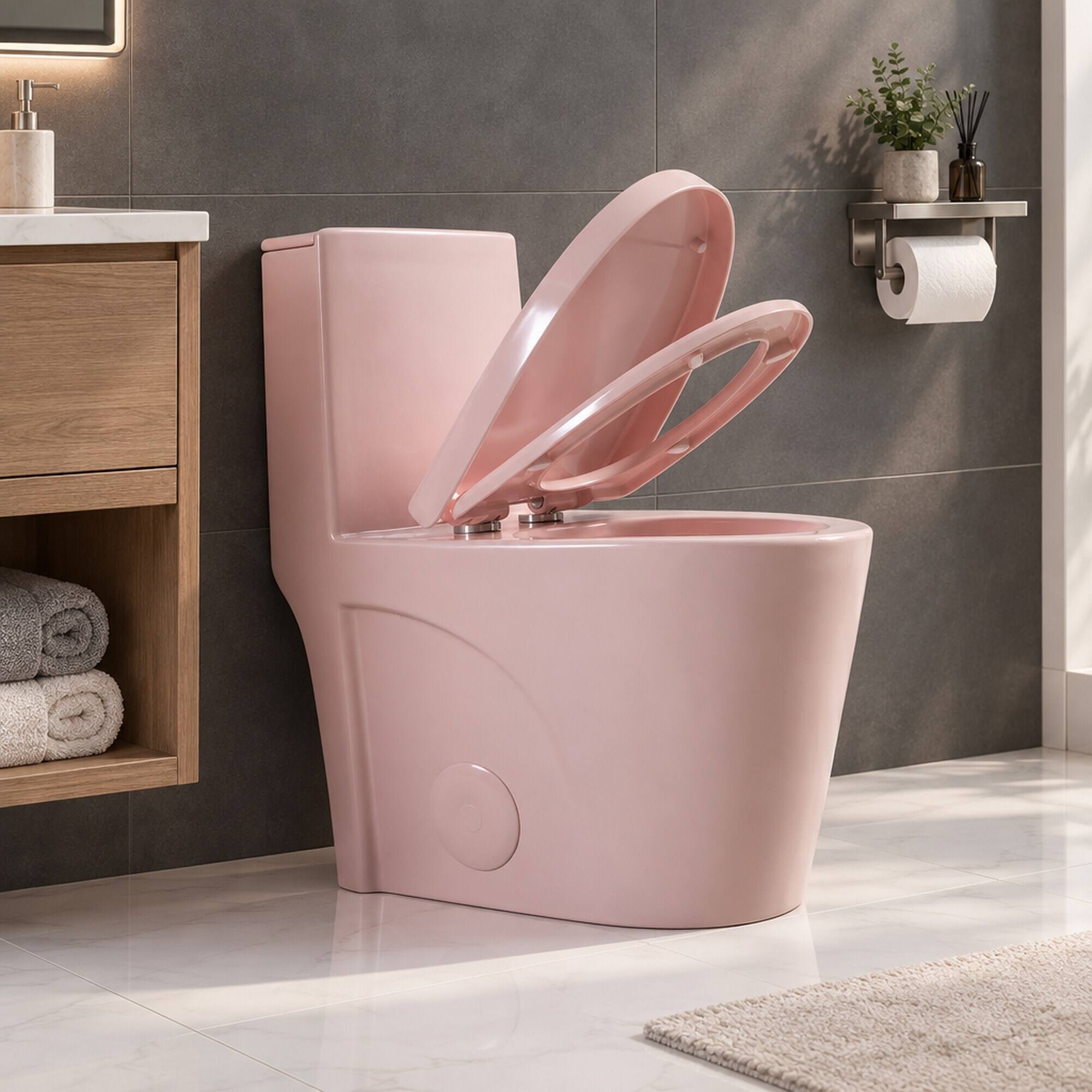 Back. RYHNUYNE - One Piece Toilet, Dual Flush Elongated Comfort Height Floor Mounted Soft Close Seat 1000 Gram Flush Score - Rose Pink.