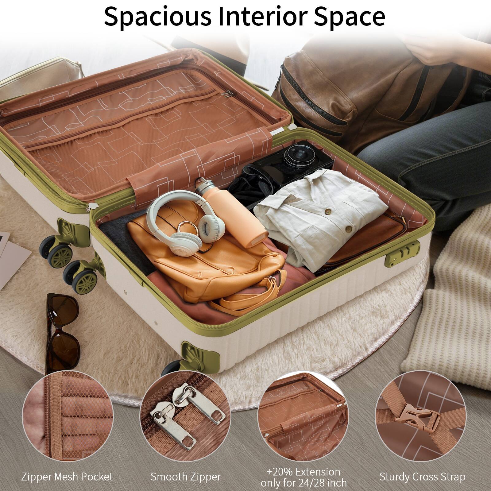 Spacious Interior Space

- Zipper Mesh Pocket
- Smooth Zipper
- +20% Extension only for 24/28 inch
- Sturdy Cross Strap