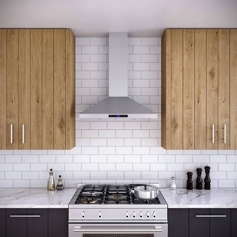 Left. Streamline - 30 in. Giotto Ductless Wall Mount 350 CFM Range Hood, Baffle Filters, Touchpad Control, LED Lights - Brushed Stainless Steel.