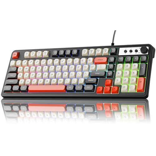 Earthley Blooms - Eweadn G98 Rgb Gaming Wired Retro Creamy Membrane Keyboards With Media Knob Number Pad Backlit Quite Computer - Black&White