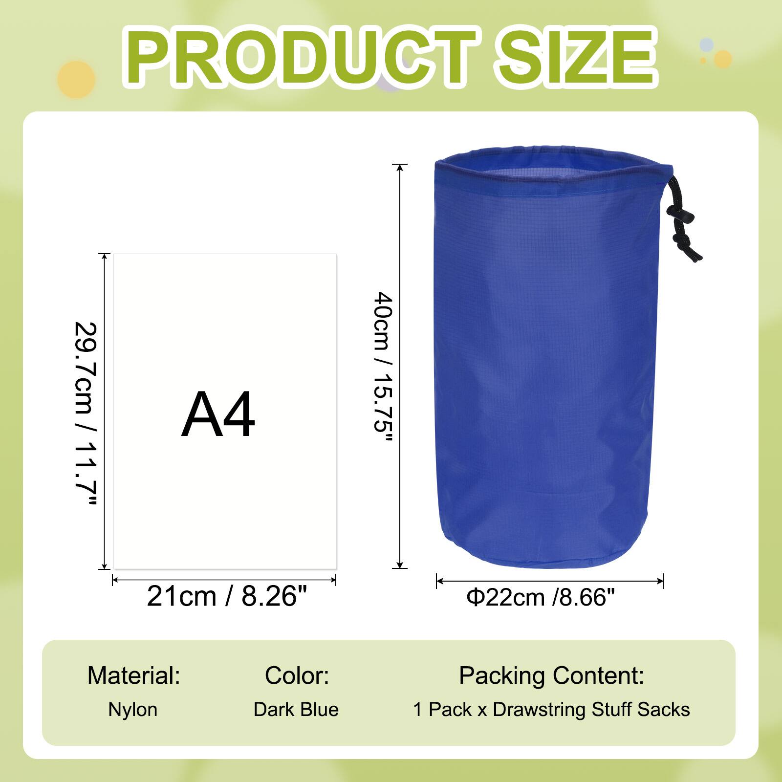 PRODUCT SIZE

- 29.7cm / 11.7"
- 21cm / 8.26"
- 40cm / 15.75"
- 22cm / 8.66"

Material: Nylon  
Color: Dark Blue  
Packing Content: 1 Pack x Drawstring Stuff Sacks