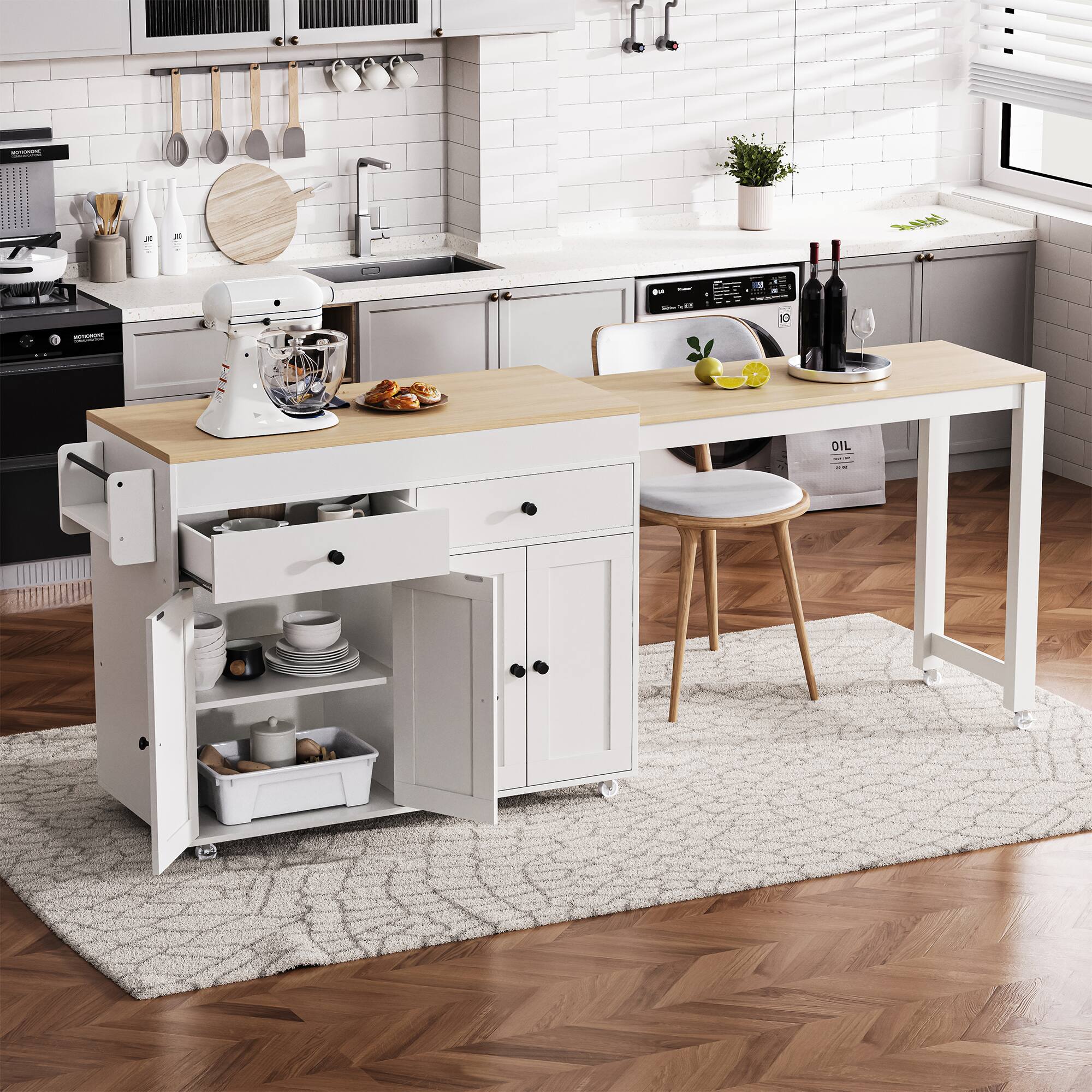 Back. PexFix - 74.5" Kitchen Island with Extendable Dining Table - Rolling Cart with 4-Door Cabinet, 2 Drawers & Spice Rack - White.