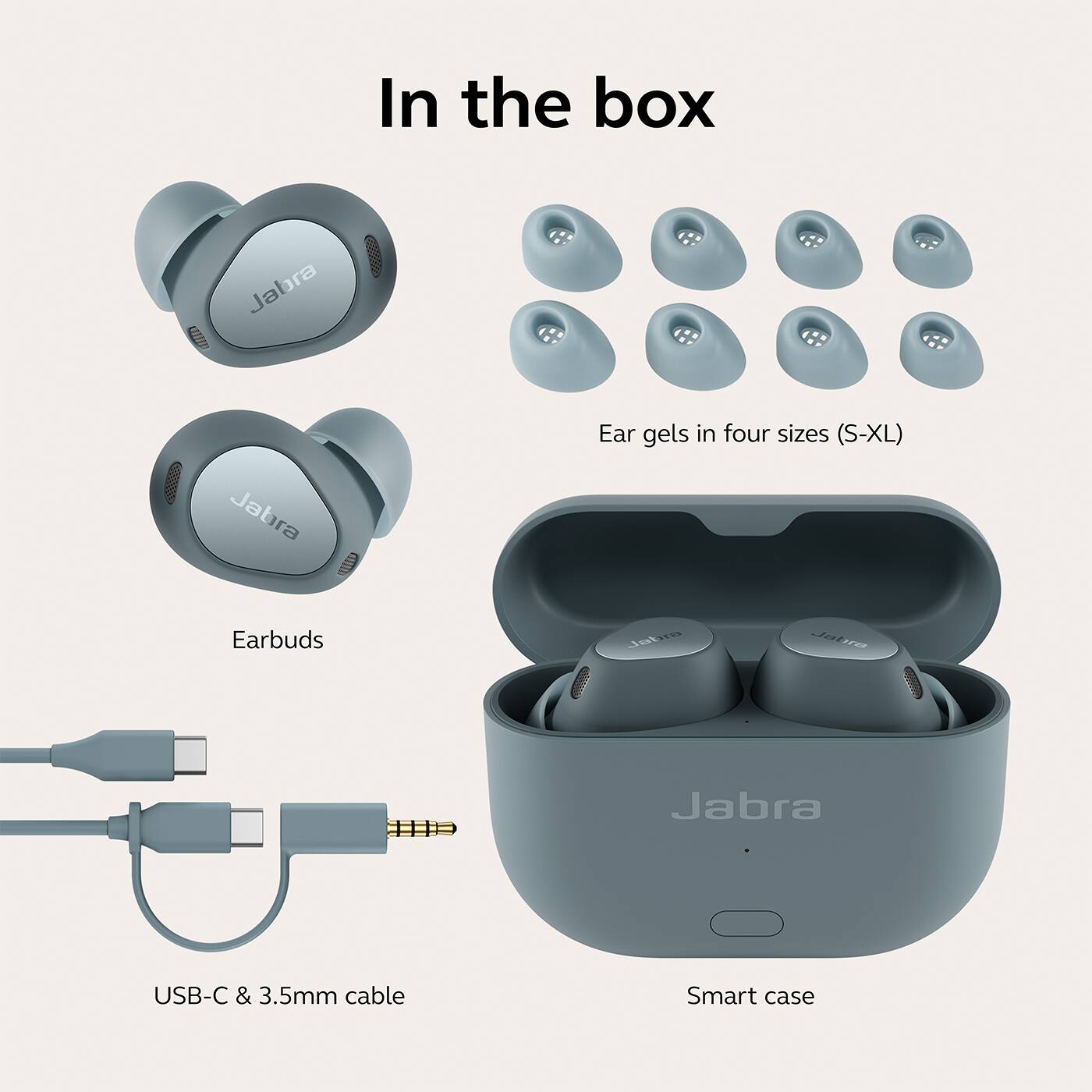 In the box, there are Jabra earbuds, ear gels in four sizes (S-XL), USB-C & 3.5mm cable, and a smart case.