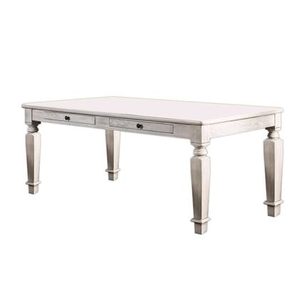 Front. Manhattan Lane - Wooden Dining Table with 2 Drawers and Tapered Legs, Distressed White - White.
