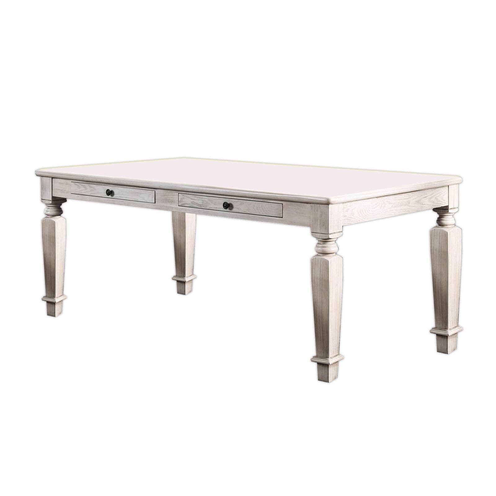 Front. Manhattan Lane - Wooden Dining Table with 2 Drawers and Tapered Legs, Distressed White - White.