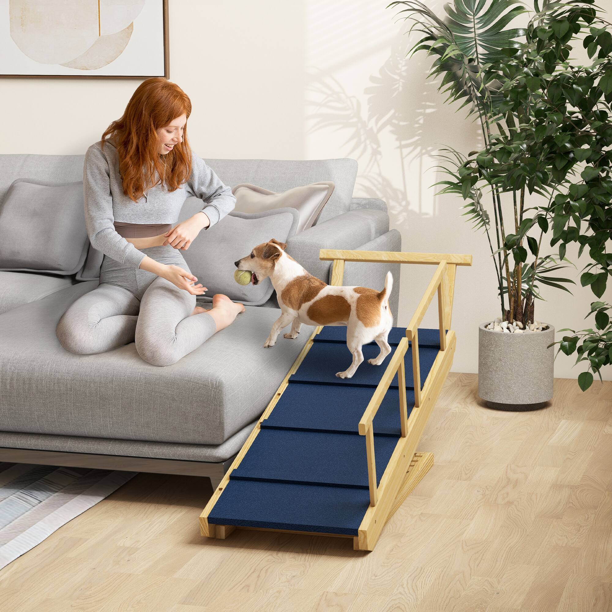 Angle. Pawhut - Dog Ramp, Adjustable 4 Height, Foldable Wooden Stairs, Non-slip Mat, for Small to Large Dogs - Natural Wood.