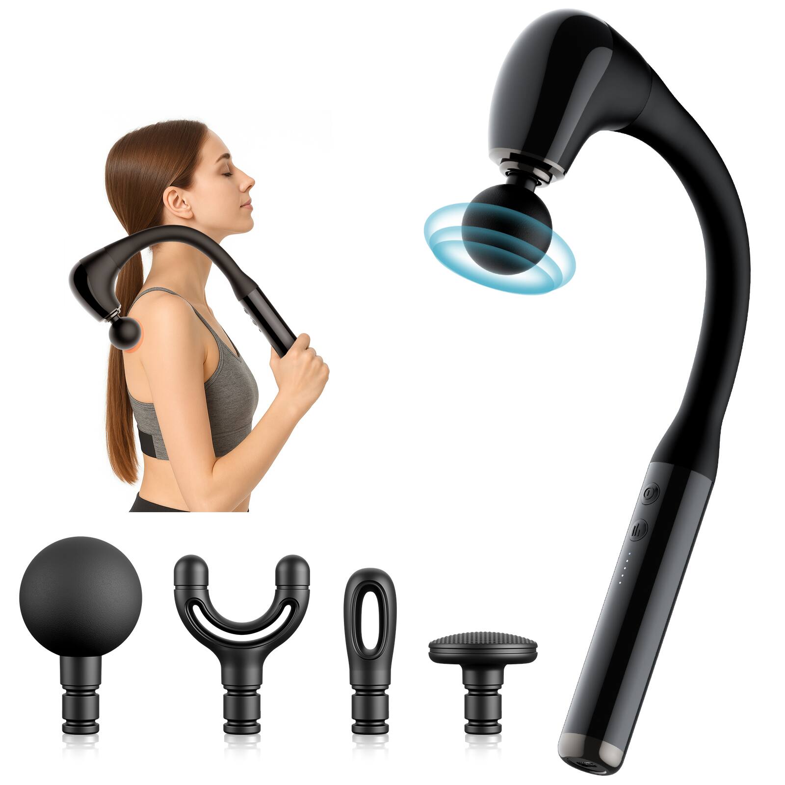 Front. Sugift - Ergonomic Long Handle Massage Gun Ultra-Quiet Deep Tissue with 5-Speed Control - Black.