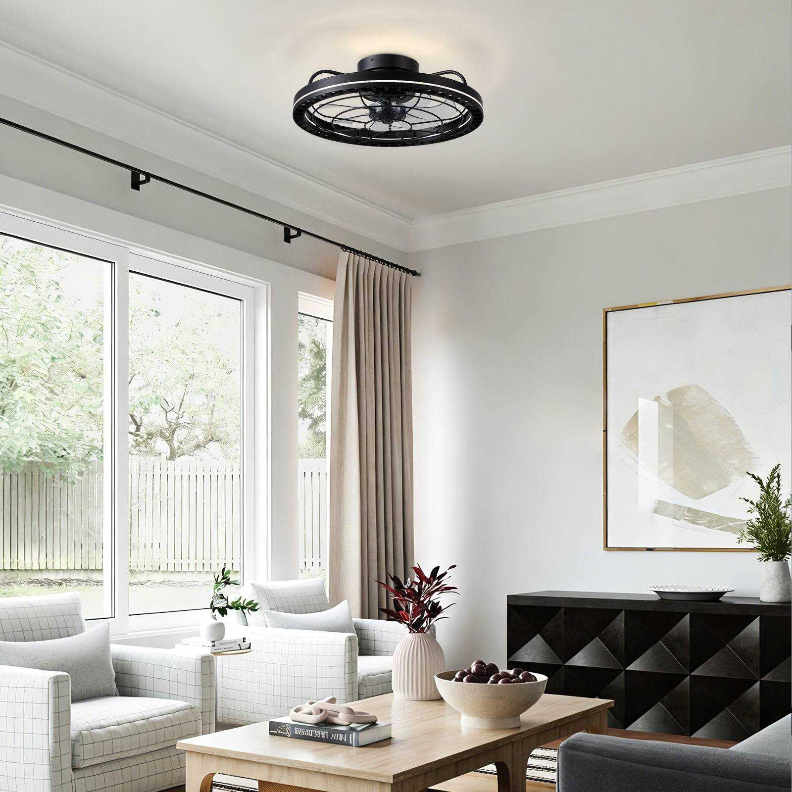 Alt View 2. Siljoy - 18.9-inch Black Iron Cage Flush Mount LED Ceiling Fan, 6-Speed Reversible Fan with Remote  APP for Bedroom Living Room - Black.