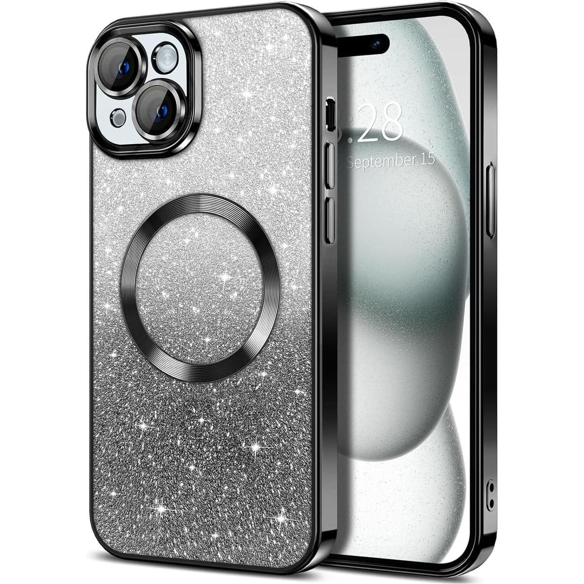 Front. Entronix - Entronix Magnetic Case for iPhone 14 - Clear Back Luxury Glossy Cover - Glitter Black.