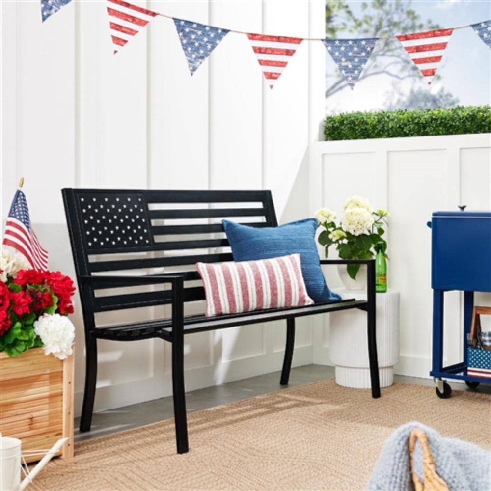 Left. Hivvago - 2 Person Metal Bench with American Flag Backrest - Black.