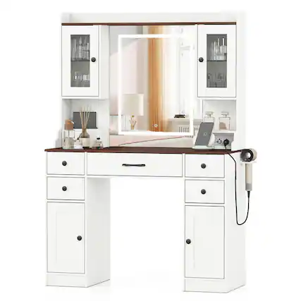 Front. WELLFOR - 41.5 " LED Vanity Desk with Charging Station & Storage, White Makeup Table with 5 Drawers for Bedroom - White.