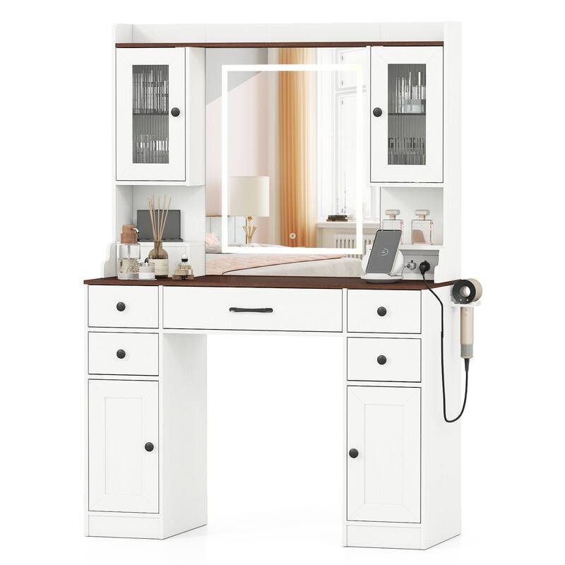 Front. WELLFOR - 41.5 " LED Vanity Desk with Charging Station & Storage, White Makeup Table with 5 Drawers for Bedroom - White.