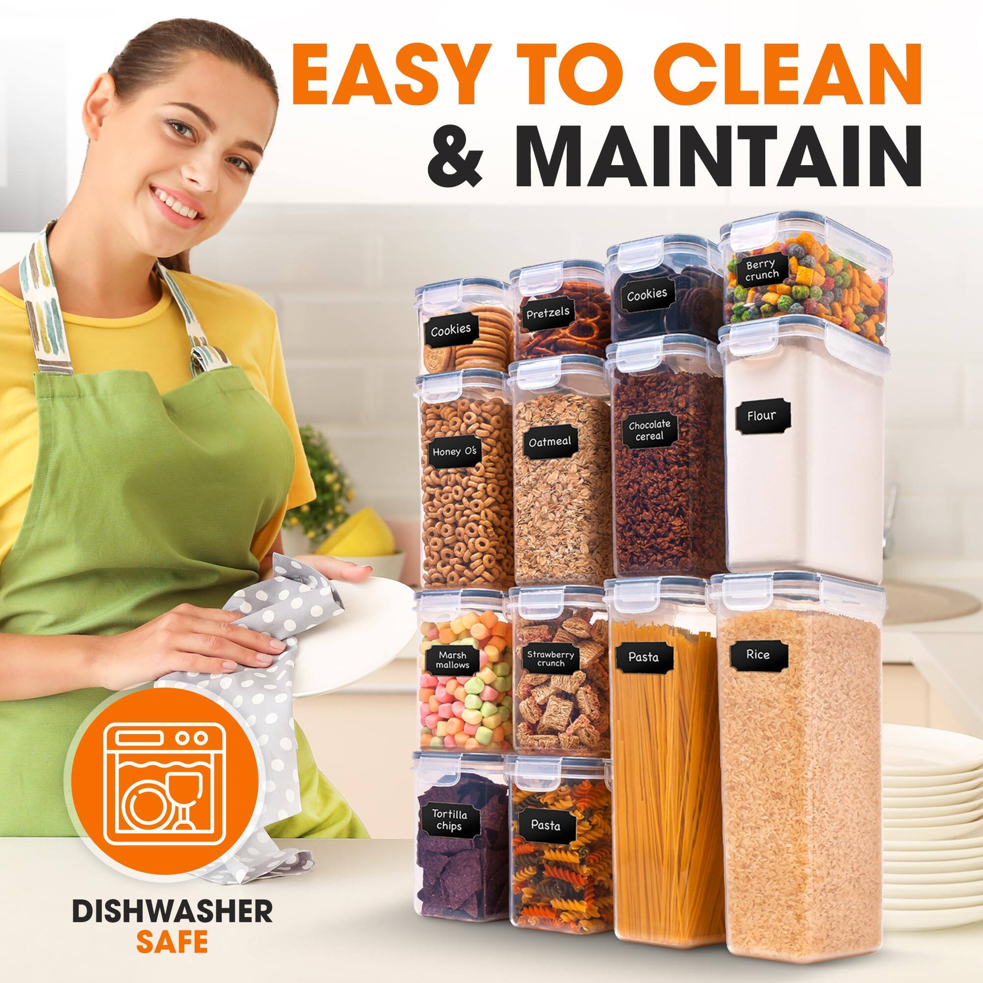 EASY TO CLEAN & MAINTAIN

Cookies  
Pretzels  
Berry crunch  
Honey OS  
Oatmeal  
Chocolate cereal  
Flour  
Marshmallows  
Strawberry crunch  
Pasta  
Rice  
Tortilla chips  

DISHWASHER SAFE
